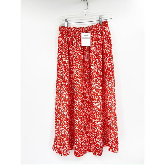 Ganni Red Floral Print Pull On Midi Skirt Size 34/2 NWT - Picture 3 of 5